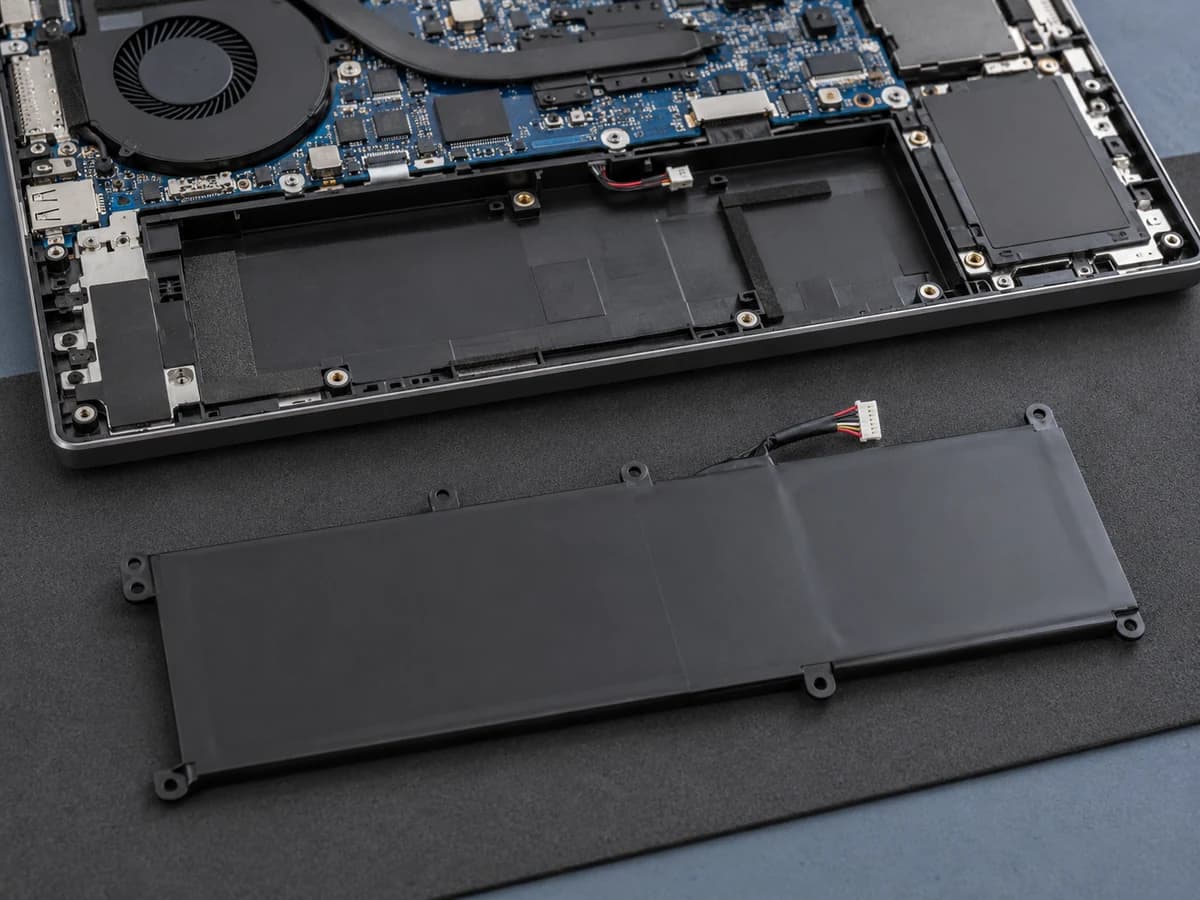 Illustrative photograph of an intact laptop battery beside an open computer