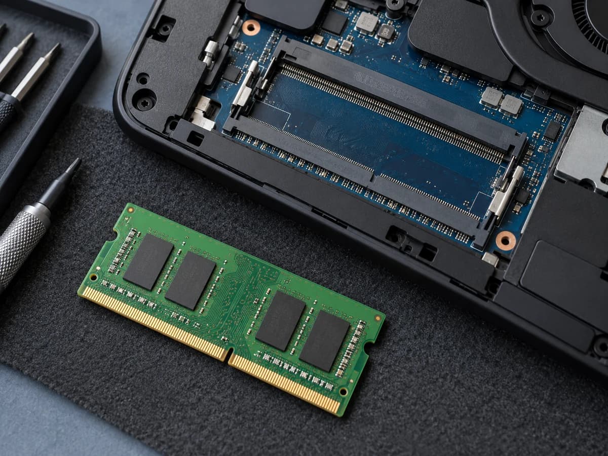 Illustrative photograph of a SO-DIMM RAM module beside a laptop's memory sockets