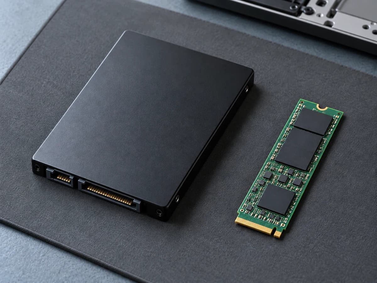 Illustrativt foto af en 2,5-tommer SATA SSD og et M.2 SSD-modul