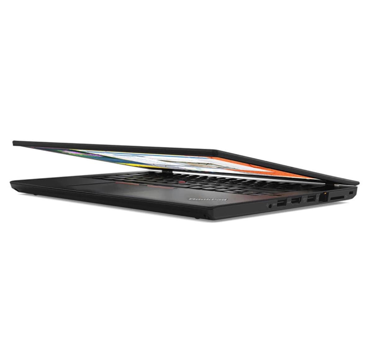ThinkPad T480 set fra siden, næsten lukket, med portene synlige