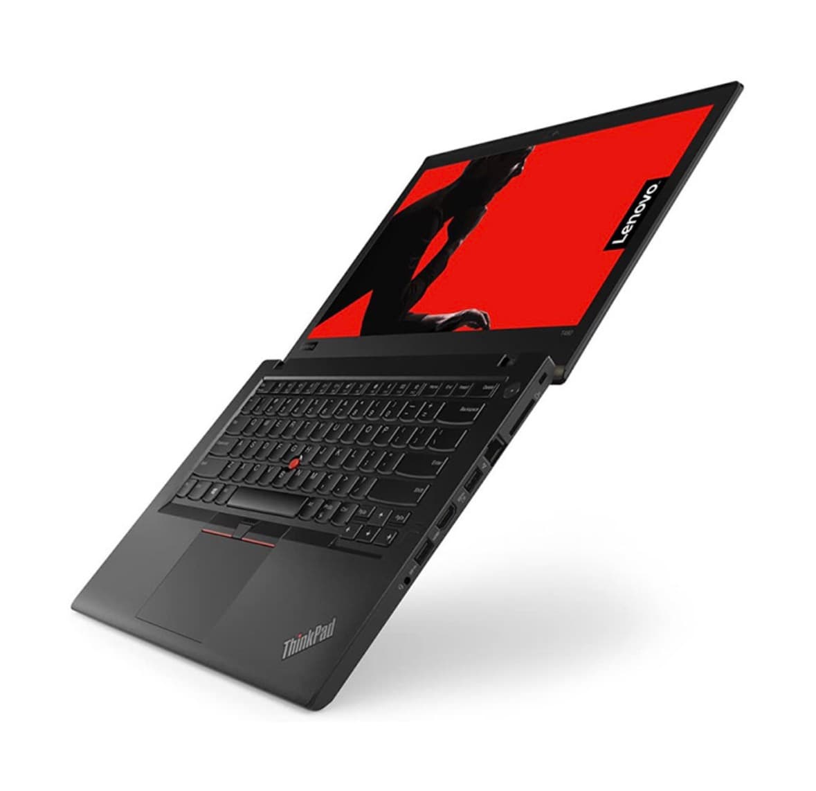 ThinkPad T480 set skråt oppefra med tastatur og trackpoint
