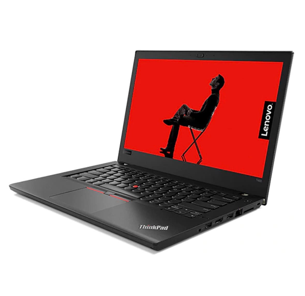 ThinkPad T480 åbnet i vinkel med 14" skærmen tændt