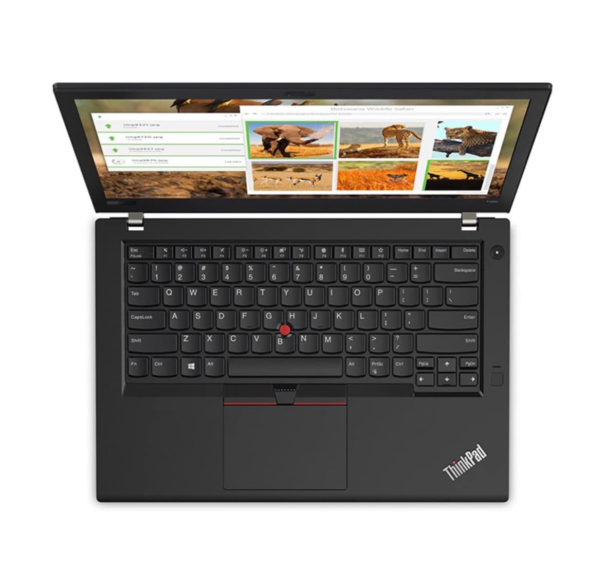 Tastaturet på ThinkPad T480 set oppefra med trackpoint og fingeraftrykslæser