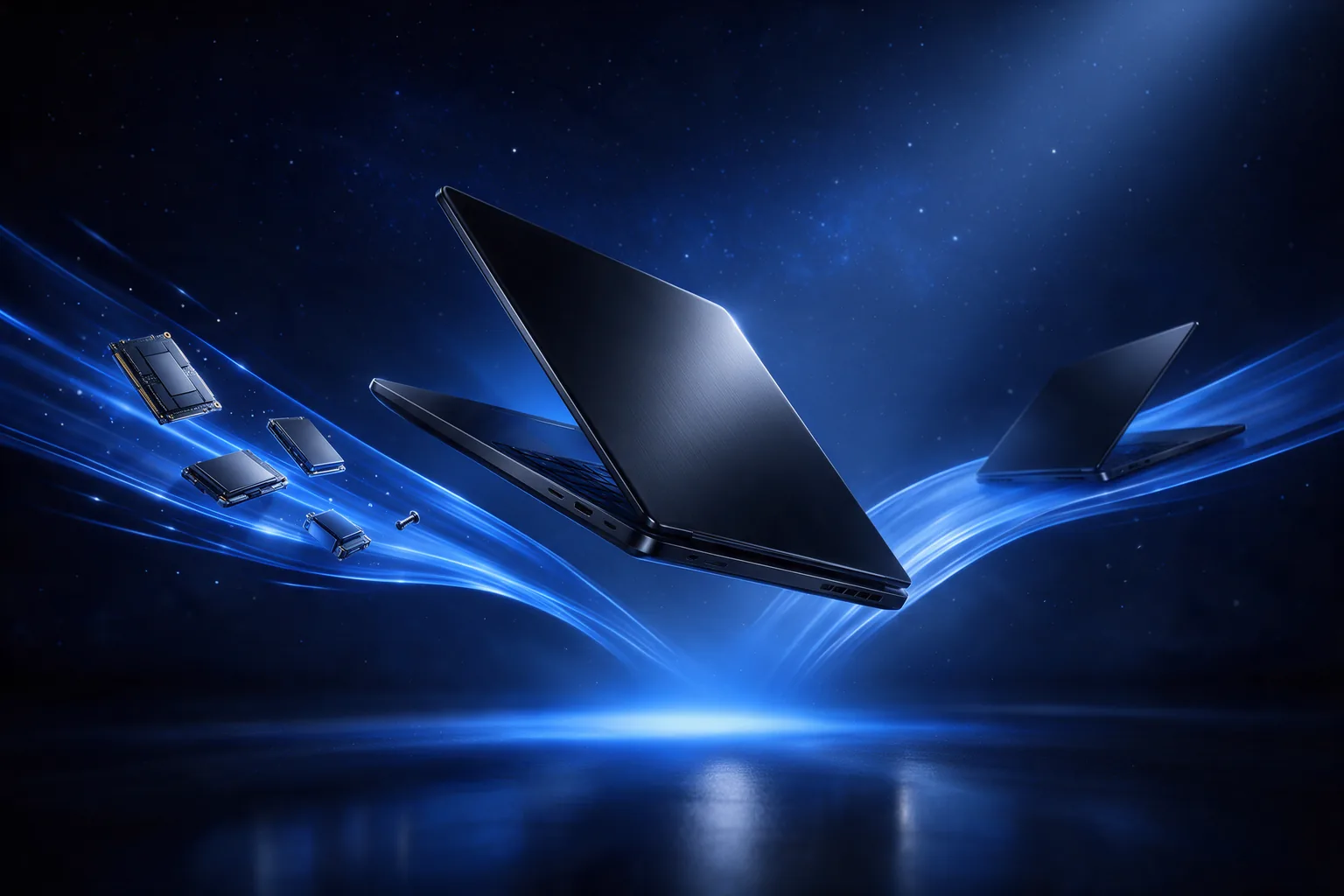 A laptop suspended between two streams of light: spare parts to the left, another machine to the right.