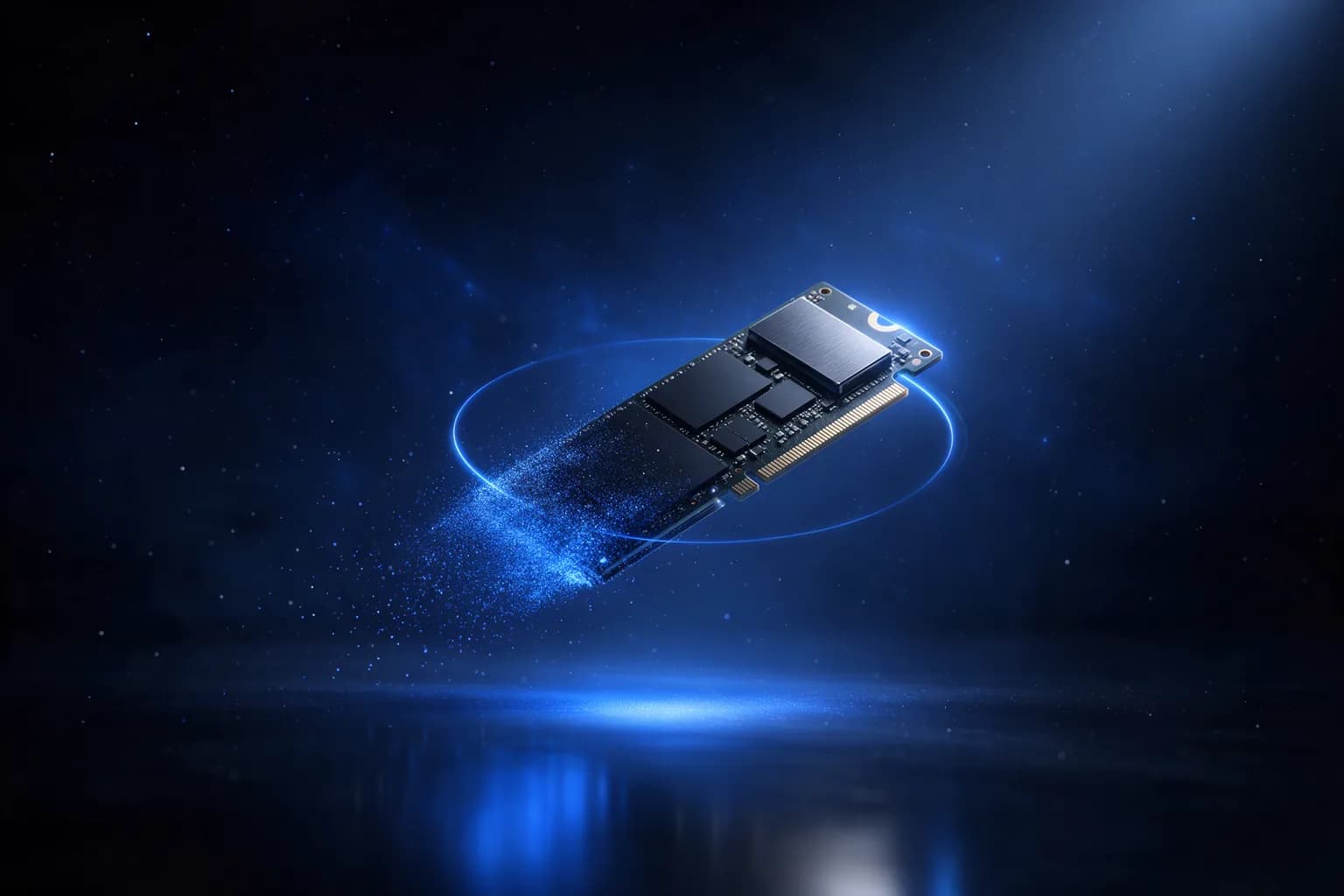 An NVMe drive whose trailing edge dissolves into luminous particles while its leading edge stays sharp.