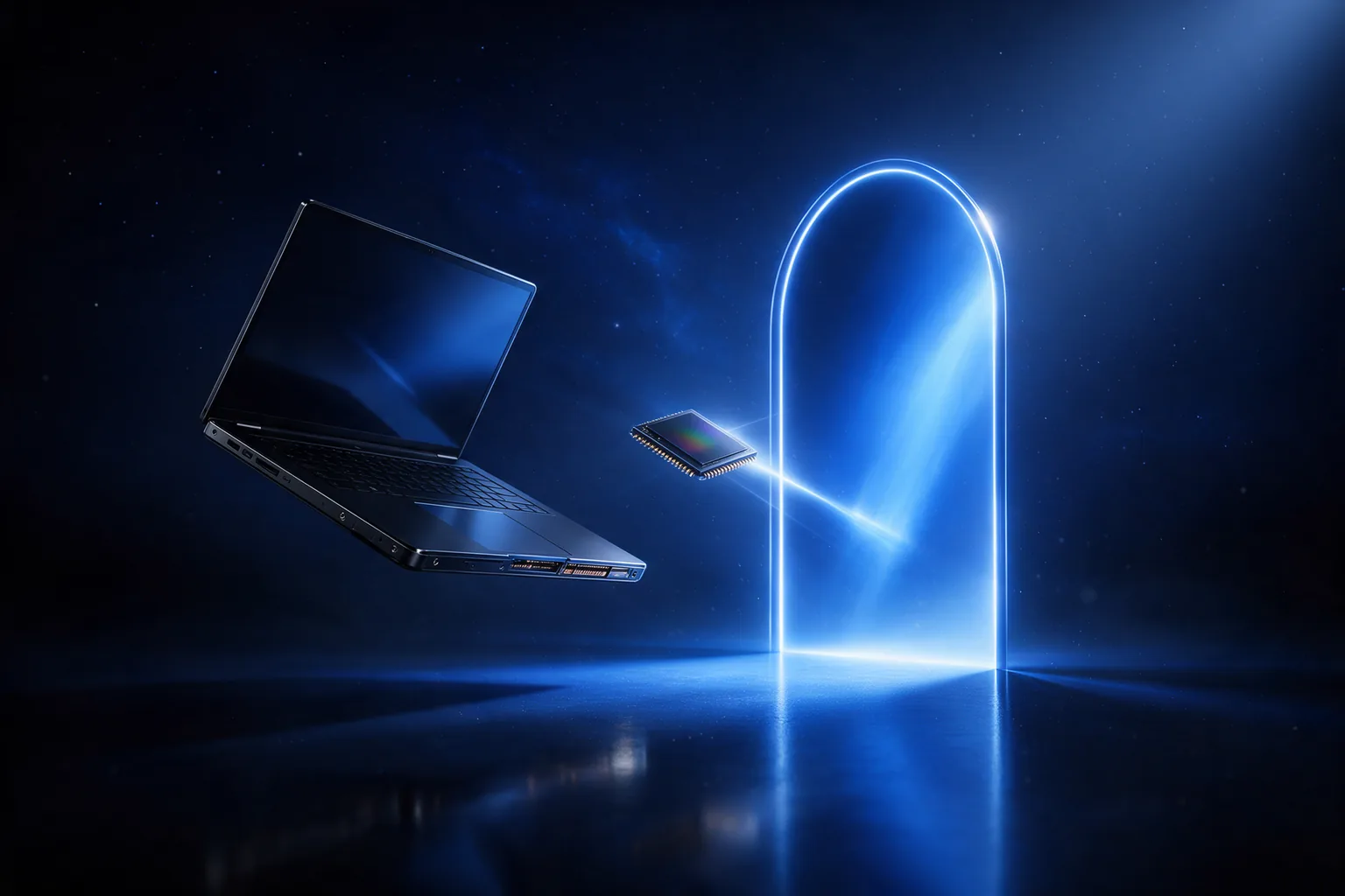 A chip floating before a gateway of light, as the question of whether an older machine passes or not.