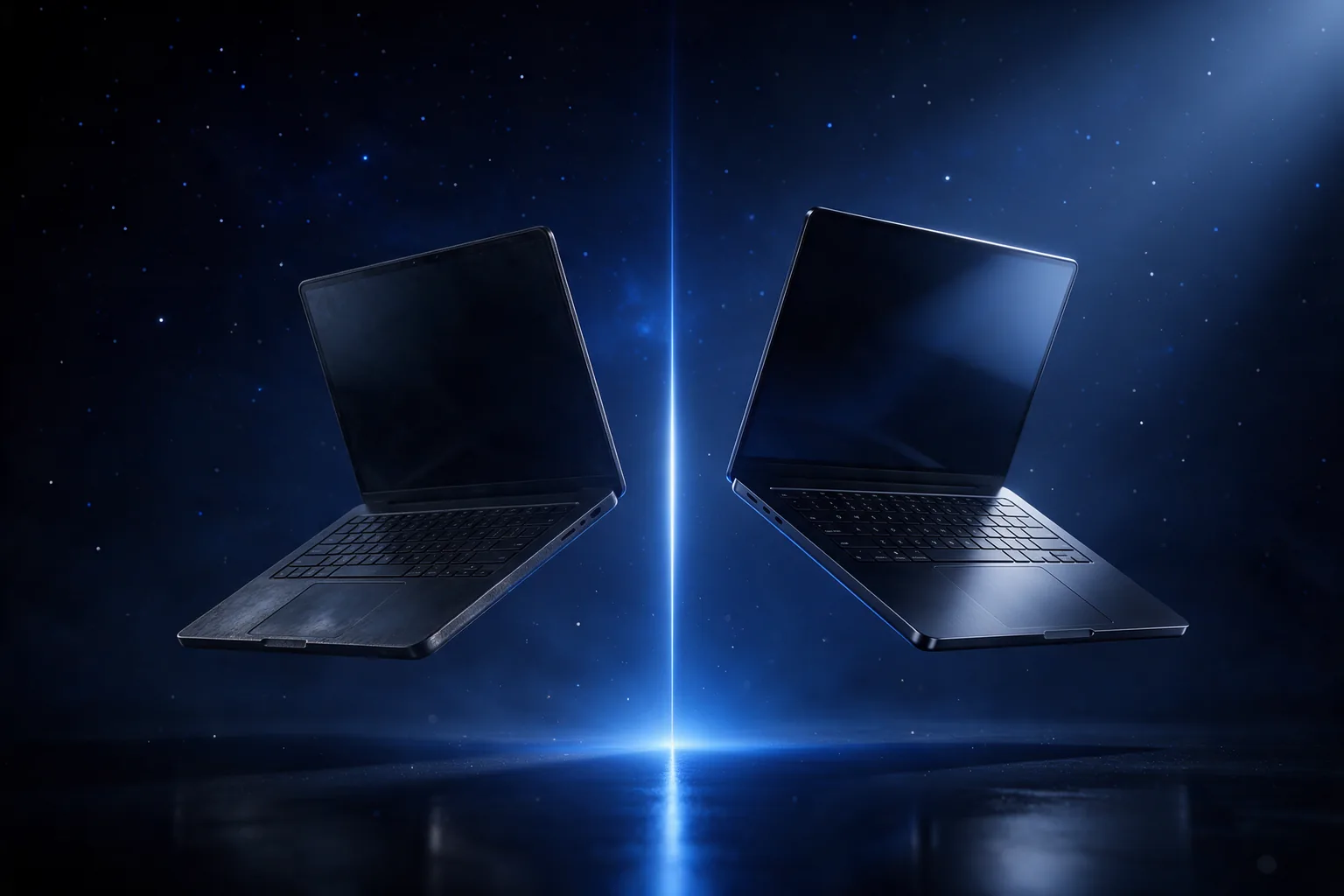 Two identical laptops side by side: one dulled and tired, the other with light along every edge.