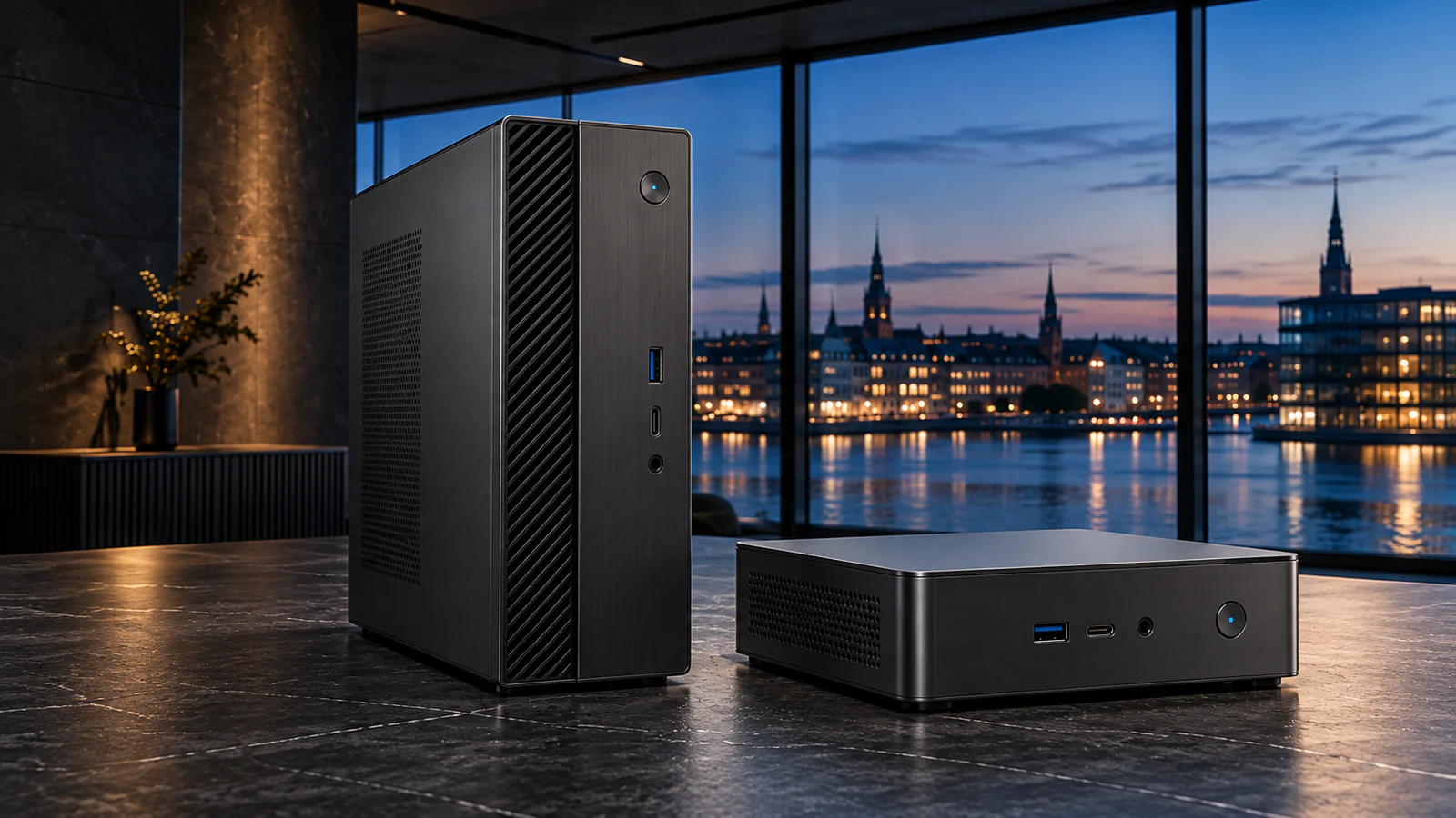 Stationær computer og en mini-pc side om side