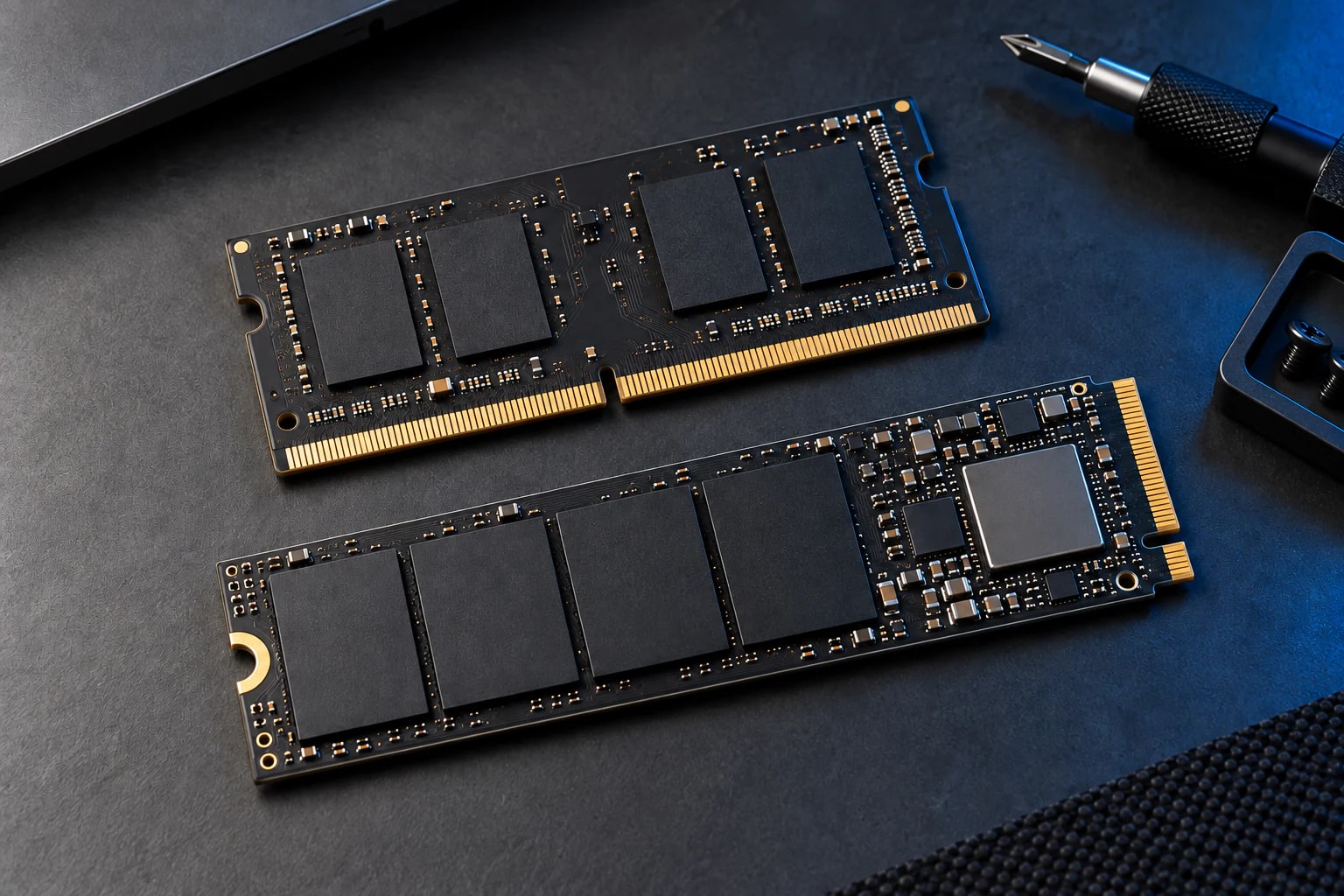 Memory and an NVMe SSD on a workbench, illustrating the memory-pricing article.