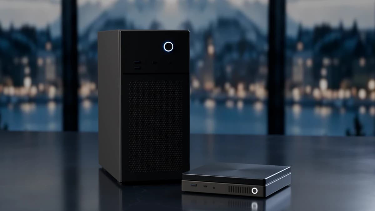 Stationær computer og en mini-pc side om side