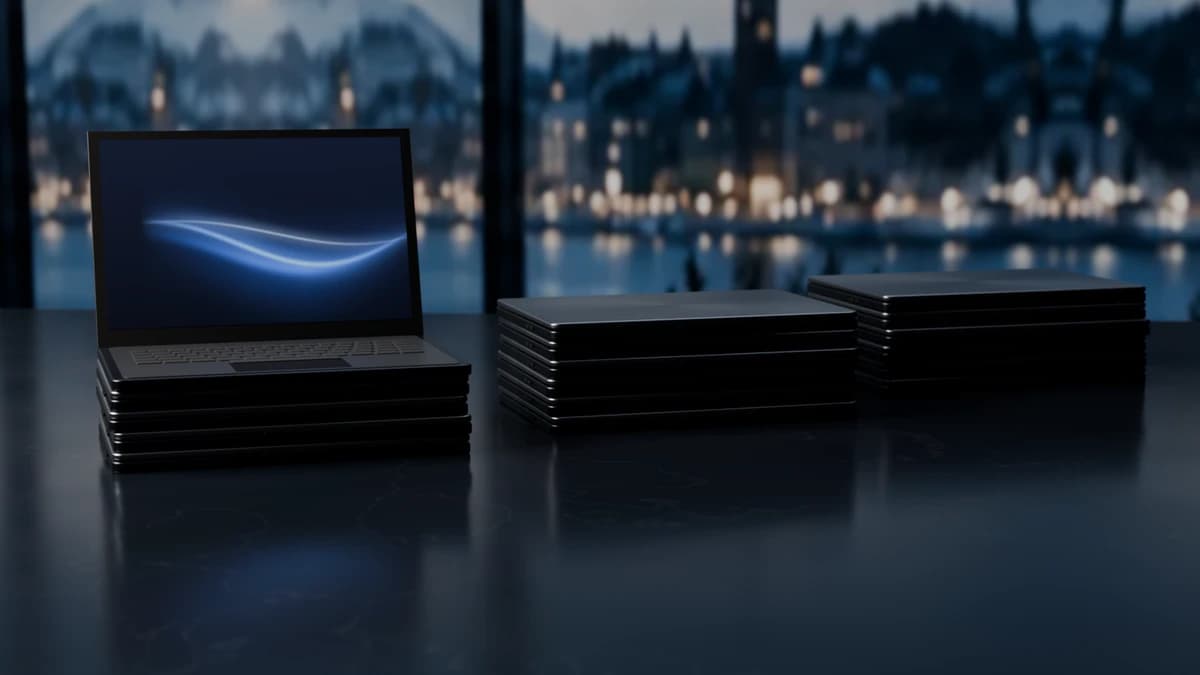 En række ens bærbare computere klargjort til levering