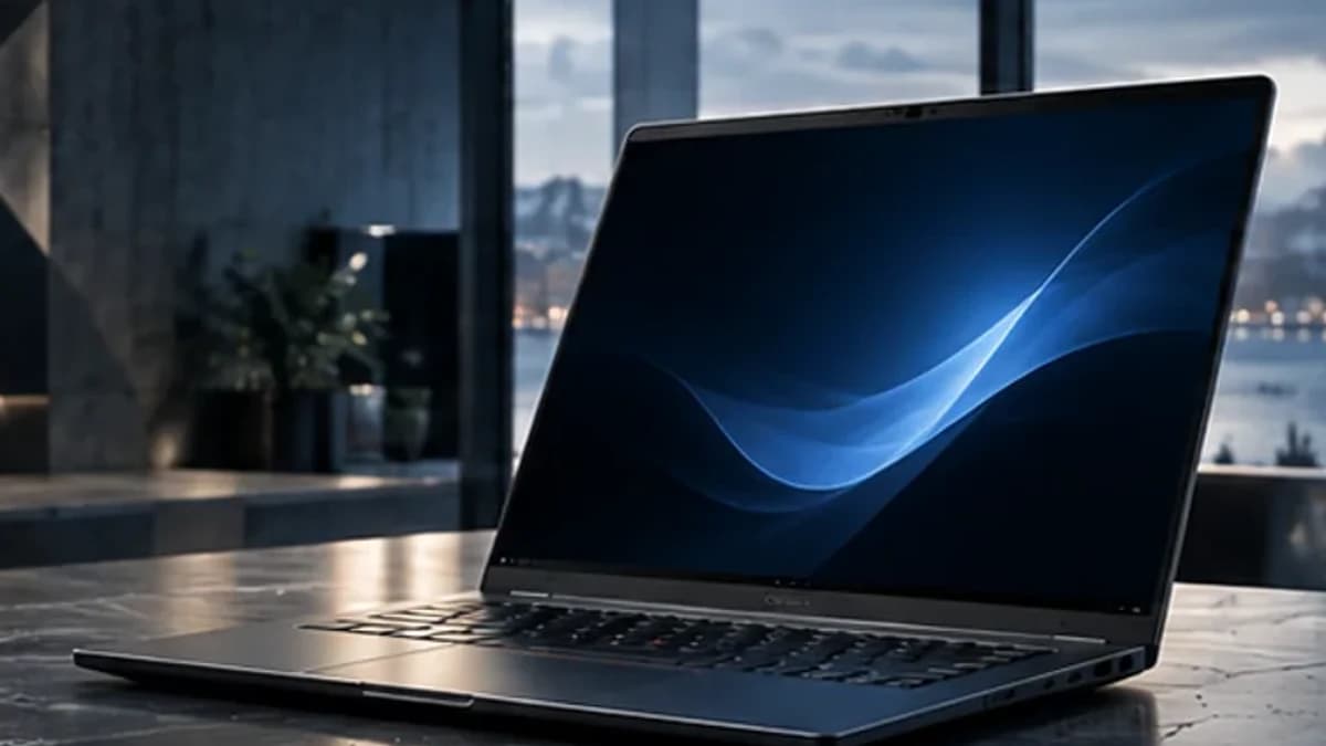 Åben bærbar erhvervscomputer set fra siden