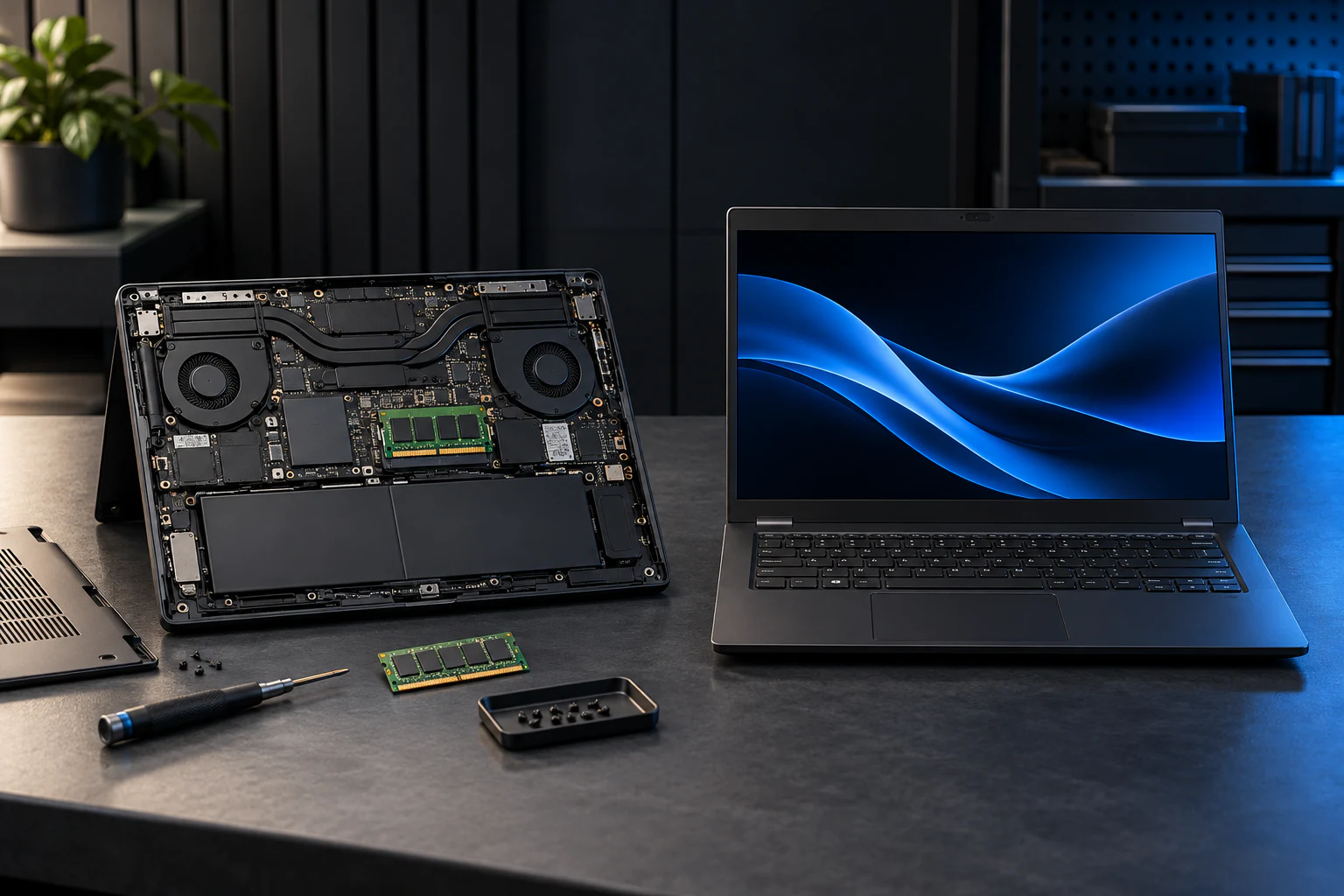 An opened laptop and replaceable parts on a workbench, illustrating the upgrade guide.