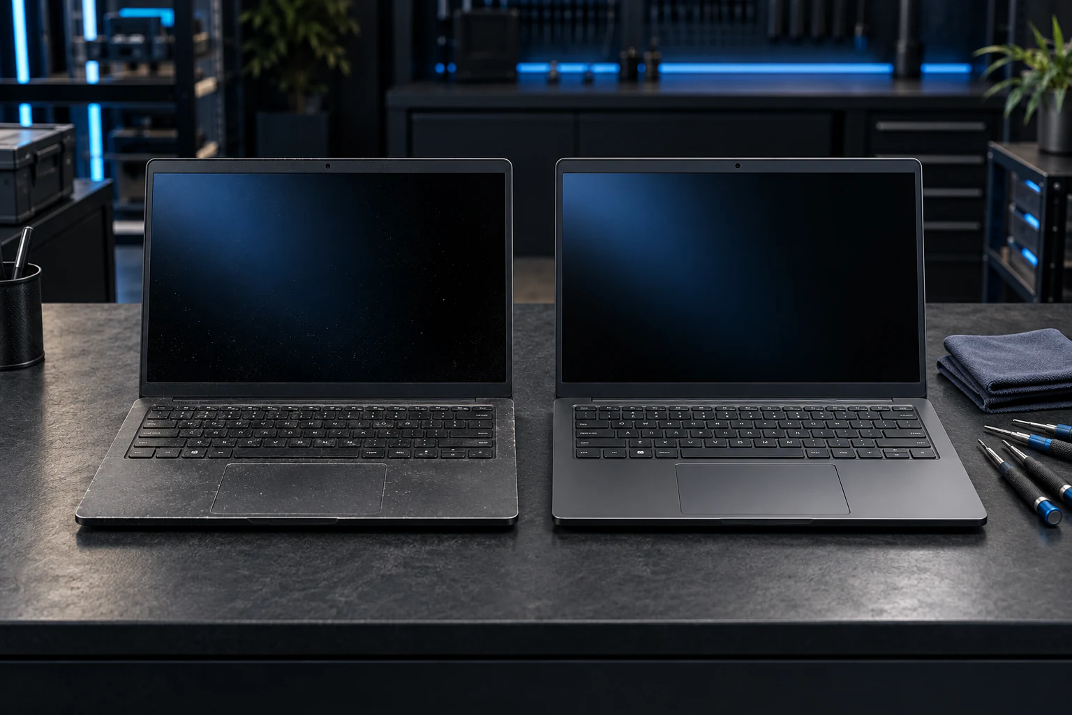 Two laptops with different cosmetic condition, illustrating a comparison of buying options.